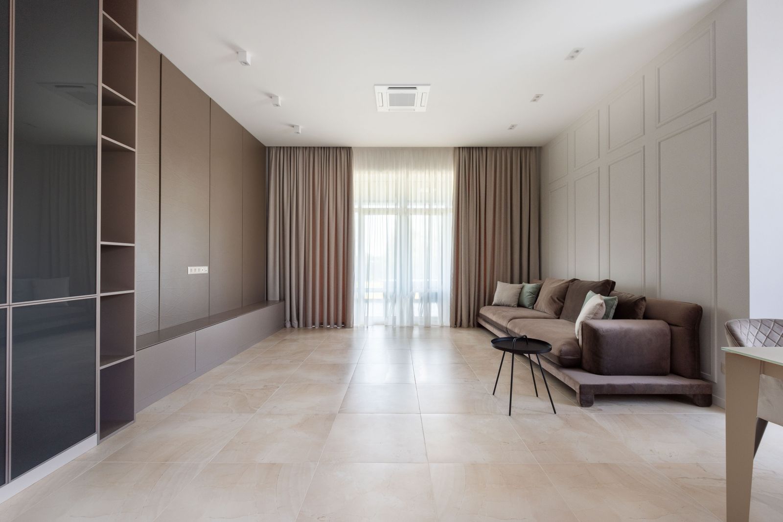 Illustrative stock living room with coordinated window curtains